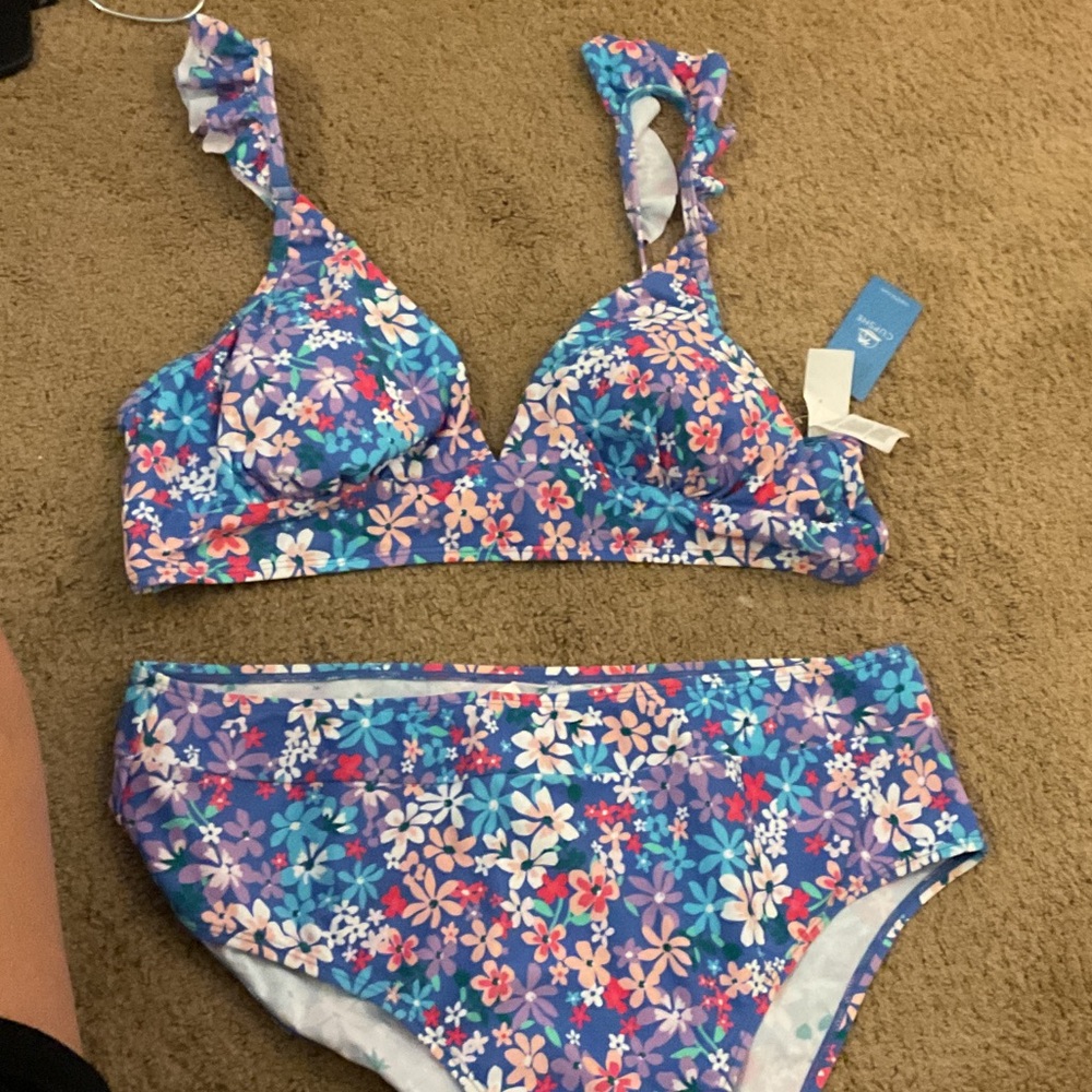 Cupshe Blue Floral Ruffle Strap Bikini Set
